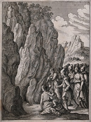 view People watching a mouse emerge from a large crevice in a mountain. Etching.