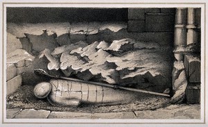 view An exhumed mummy in St. Stephen's Crypt in Westminster. Chalk lithograph by J. Basire after George Scharf, 1852.