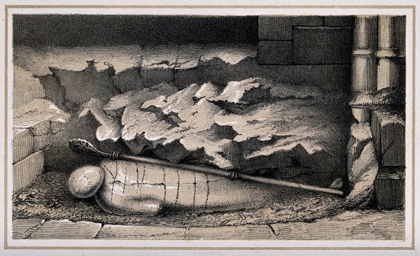 An exhumed mummy in St. Stephen's Crypt in Westminster. Chalk lithograph by J. Basire after George Scharf, 1852.