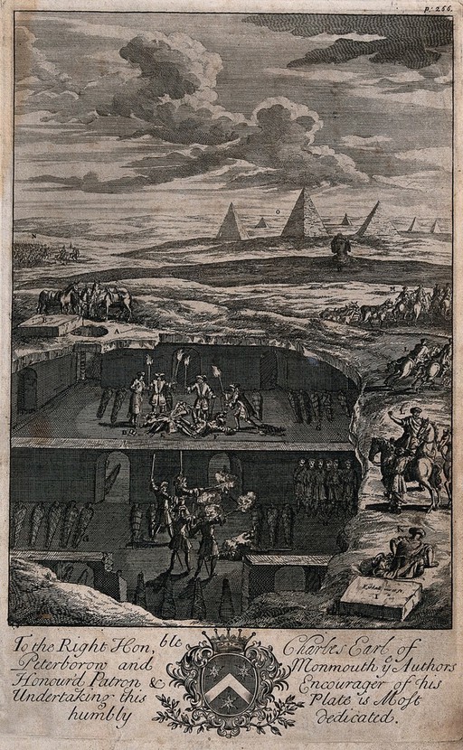The execution of natives by a firing squad in an underground tomb in the Egyptian desert. Etching with engraving by E. Kirkall.