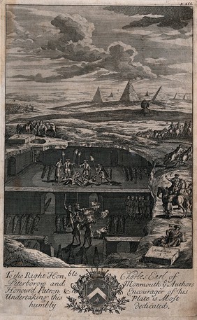 Memphis, Egypt: English travellers trapped in catacombs find the bodies of two Italian men who had previously been trapped there, and had starved to death: they fire their pistols at six ghostly figures; Arabs steal their horses. Etching with engraving by E. Kirkall, 1709.