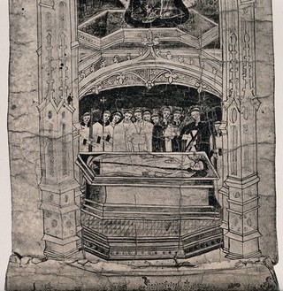 A clergyman in a coffin holding a crozier is surrounded by a group of mourners. Line block.