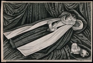 view The corpse of a lady wearing a ruff and an elaborate head-dress lying on a bier guarded by a dog. Engraving with etching by L. Kilian after J. Miller.