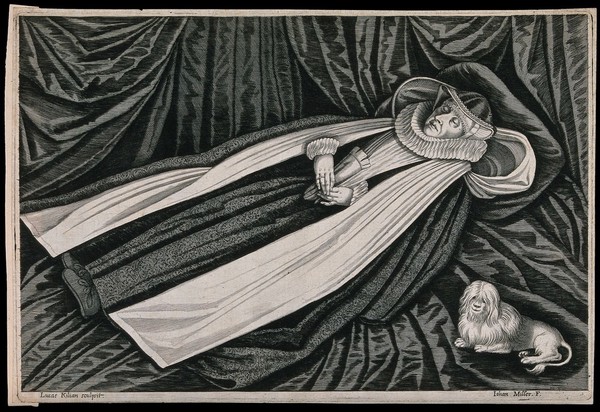The corpse of a lady wearing a ruff and an elaborate head-dress lying on a bier guarded by a dog. Engraving with etching by L. Kilian after J. Miller.