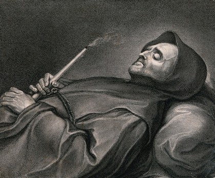 A monk in full habit lying on his deathbed holding a snuffed candle in his right hand. Line engraving with etching.