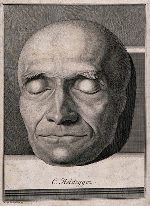 view Death-mask of a man, possibly of C. Heidegger. Line engraving with etching by J.H. Lips, 1779.