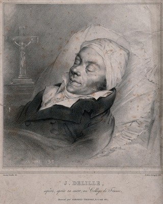 Jacques Delille lying in state in the Collège de France in Paris. Lithograph by Jean Pierre Sudré, 1825, after a drawing by A.L. Girodet de Roucy-Trioson, 1813.