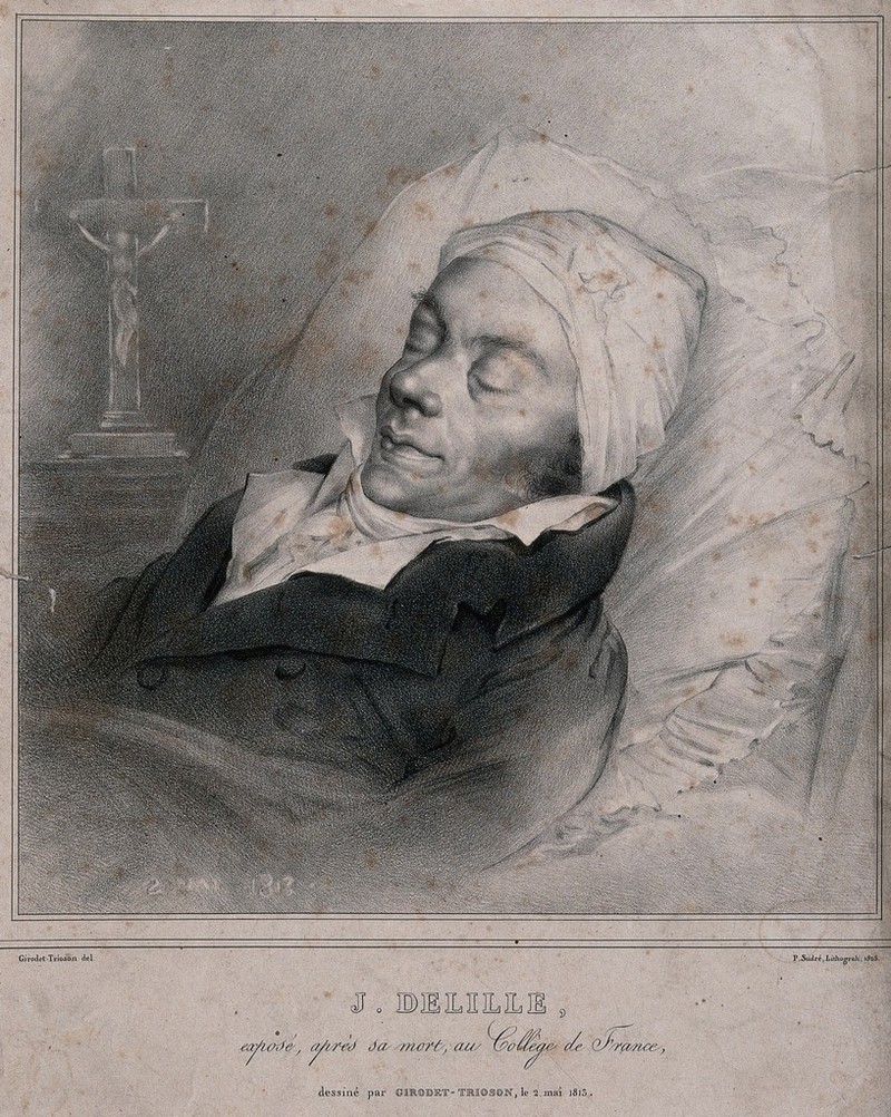 Jacques Delille lying in state in the Collège de France in Paris. Lithograph by Jean Pierre Sudré, 1825, after a drawing by A.L. Girodet de Roucy-Trioson, 1813., 1825, by Anne-Louis Girodet