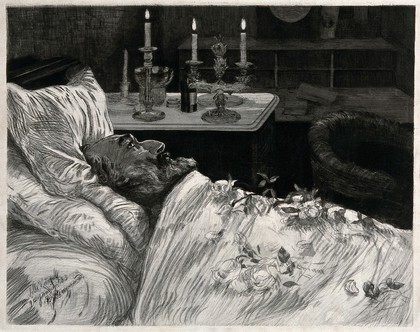 Leon Michel Gambetta on his deathbed strewn with roses. Etching with drypoint by Charles Paul Renouard, 1883.