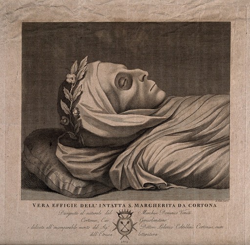 Death mask of Saint Margaret of Cortona (1247-1297), wearing a wreath. Line engraving with etching by G.B. Leonetti after a drawing by the Marquis Domenico Venutti, 1804.