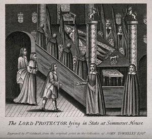 view The Lord Protector, Oliver Cromwell, lying in state at Somerset House, surrounded by mourners. Engraving with etching by James Caldwall.