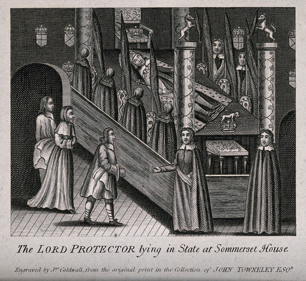The Lord Protector, Oliver Cromwell, lying in state at Somerset House, surrounded by mourners. Engraving with etching by James Caldwall.