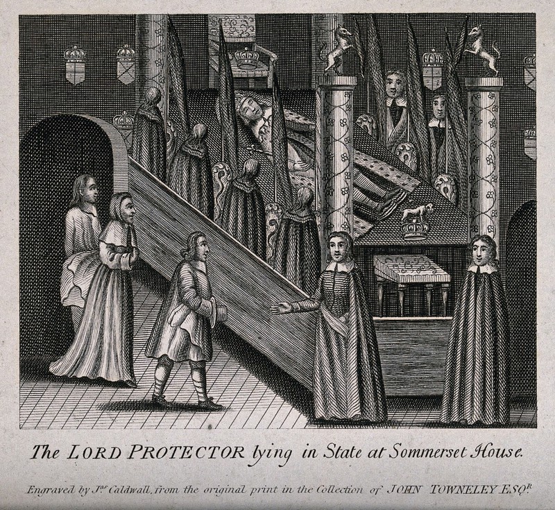 The Lord Protector, Oliver Cromwell, lying in state at Somerset House, surrounded by mourners. Engraving with etching by James Caldwall., by James Caldwall
