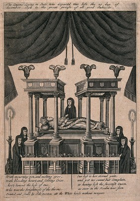 Queen Mary II lying in state. Etching by Joh. Overton.