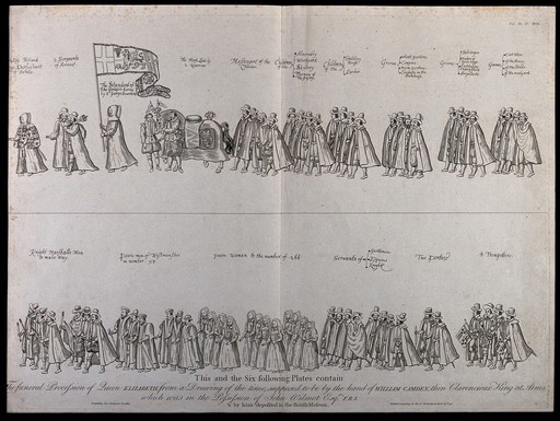 The funeral procession of Queen Elizabeth I. Engraving with etching after a drawing by William Camden, 1791.