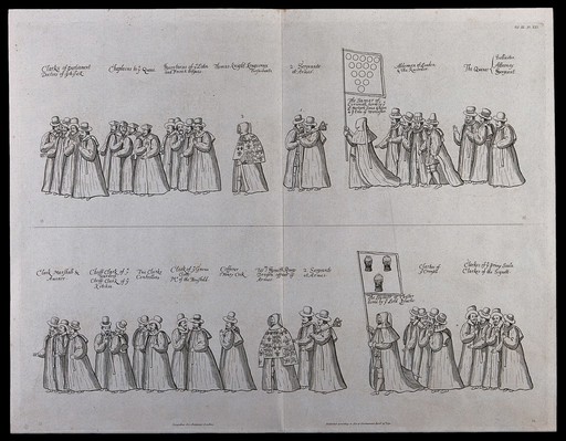 The funeral procession of Queen Elizabeth I, including the Clerks of the Parliament and the Clerks of the Privy Seal. Engraving with etching after a drawing by William Camden, 1791.