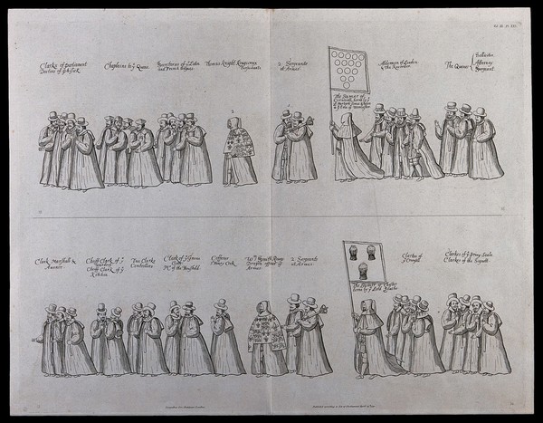 The funeral procession of Queen Elizabeth I, including the Clerks of the Parliament and the Clerks of the Privy Seal. Engraving by J. Basire after a drawing by William Camden, 1791.