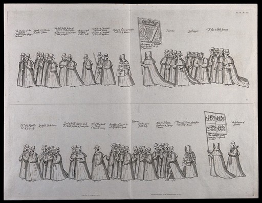 The funeral procession of Queen Elizabeth I, including the agents for Venice and the estates and the Lord Mayor of London. Engraving with etching after a drawing by William Camden, 1791.
