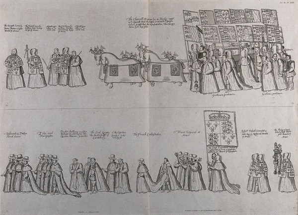 The funeral procession of Queen Elizabeth I, including a gentleman usher with a white rod and the French Ambassador. Engraving by J. Basire after William Camden, 1791.