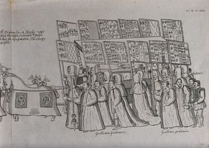 view Detail of the funeral procession of Queen Elizabeth I, showing the "Gentlemen Pentioners" carrying flags and banners. Detail of an engraving by J. Basire after William Camden, 1791.