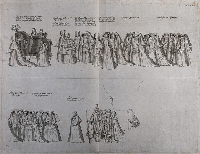 The funeral procession of Queen Elizabeth I, including the Earl of Worcester and Sir Walter Raleigh. Engraving by J. Basireg after a drawing by William Camden, 1791.