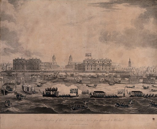 The funeral procession of Lord Nelson from Greenwich to Whitehall in 1806. Coloured aquatint by J. Hill after A.C. Pugin.
