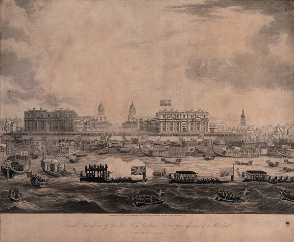The funeral procession of Lord Nelson from Greenwich to Whitehall in 1806. Coloured aquatint by J. Hill after A.C. Pugin.