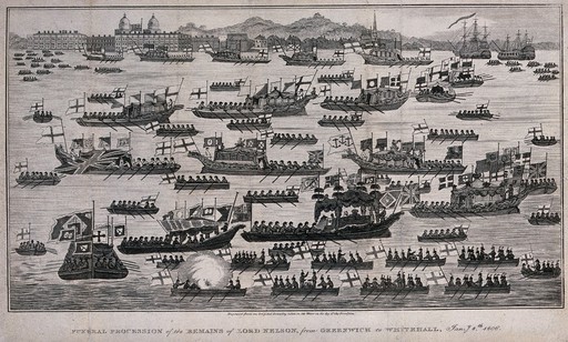 Funeral procession of Horatio, Lord Nelson, from Greenwich to Whitehall in 1806. Etching with engraving, 1806.