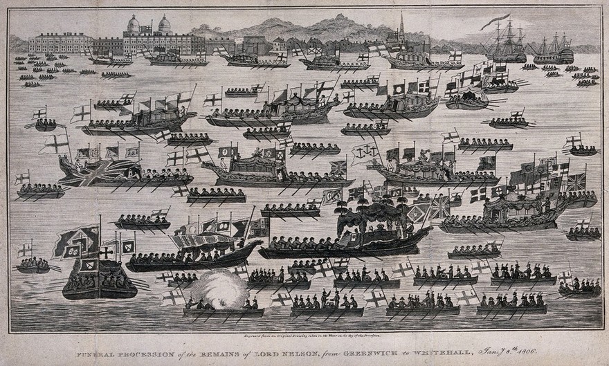 Funeral procession of Horatio, Lord Nelson, from Greenwich to Whitehall in 1806. Etching with engraving, 1806.