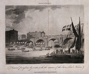 view Funeral procession by water of Lord Nelson in 1806. Aquatint with engraving, 1806.