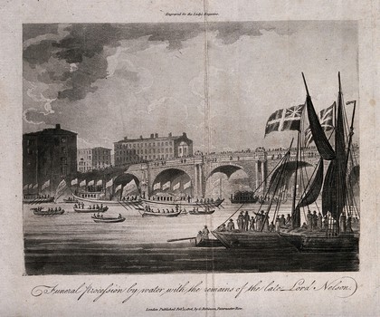 Funeral procession by water of Lord Nelson in 1806. Aquatint with engraving, 1806.