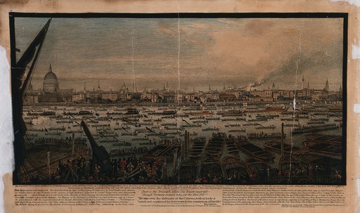 The funeral procession on the River Thames of Lord Nelson seen from Bankside. Coloured etching by John Thomas Smith, 1806.