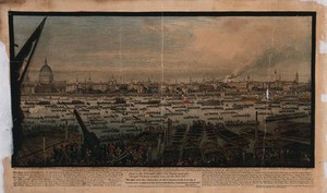 view The funeral procession on the River Thames of Lord Nelson seen from Bankside. Coloured etching by John Thomas Smith, 1806.