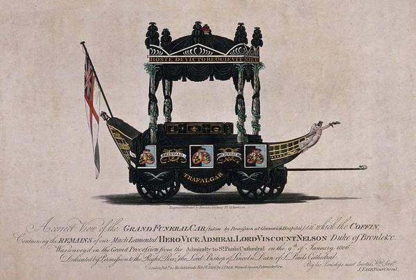 Lord Nelson's funeral car containing the coffin. Coloured aquatint with engraving by Hawkins & Ottway, 1806.