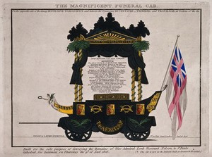 view Horatio Nelson's funeral car. Coloured etching with engraving, 1806.