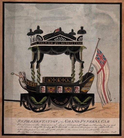 Lord Nelson's funeral car. Coloured pen and ink drawing by T. Houlden.