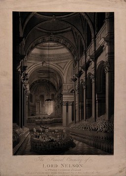The funeral ceremony for Lord Nelson in Saint Paul's Cathedral in 1806. Aquatint by N.I.W.C. Heideloff and J. Bluck after A.D. Macquin, 1806.