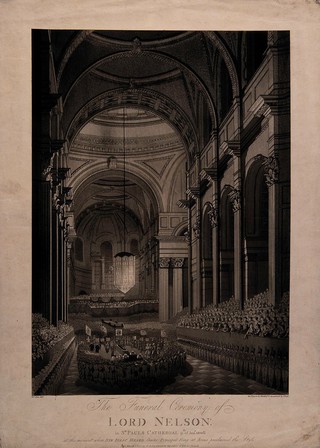 The funeral ceremony for Lord Nelson in Saint Paul's Cathedral in 1806. Aquatint by N.I.W.C. Heideloff and J. Bluck after A.D. Macquin, 1806.