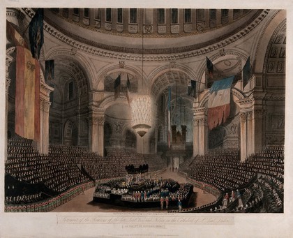 Funeral of Lord Nelson in St. Paul's Cathedral in 1806. Coloured aquatint with engraving by F.C. Lewis after C.A. Pugin, 1806.