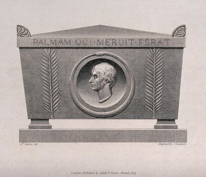 view Lord Nelson's tomb. Line engraving with etching by J. Landseer after R. Smirke, 1809.