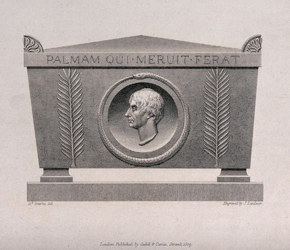 Lord Nelson's tomb. Line engraving with etching by J. Landseer after R. Smirke, 1809.