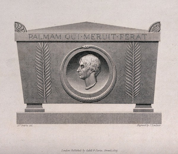 Lord Nelson's tomb. Line engraving with etching by J. Landseer after R. Smirke, 1809.