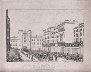 view The funeral procession of the Duke of York, 1827. Etching by J. Nash, 1827.