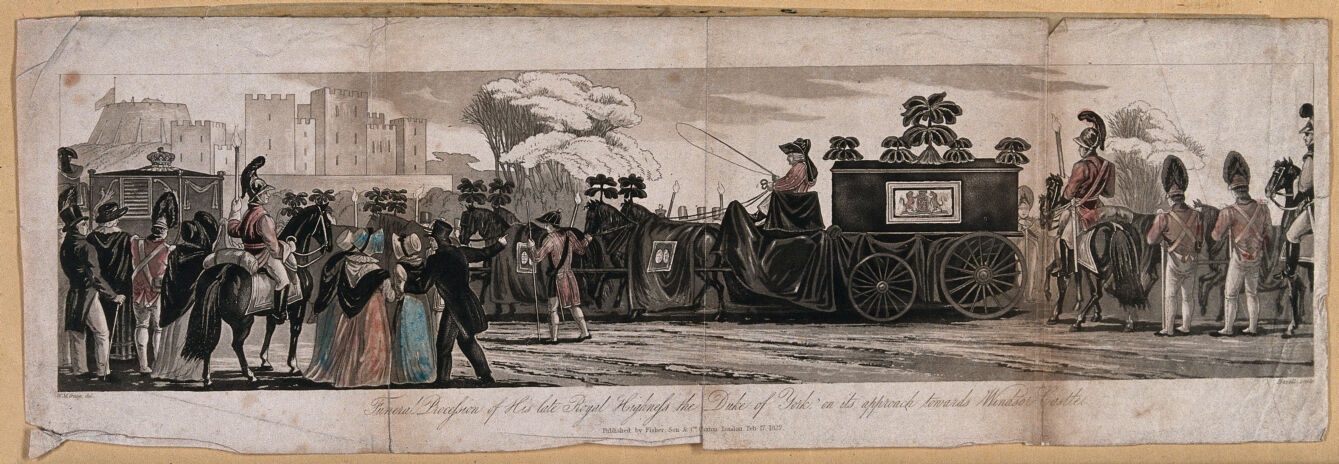 The funeral procession of the Duke of York shown approaching Windsor Castle. Coloured aquatint by Havell after W.M. Craig, 1827.
