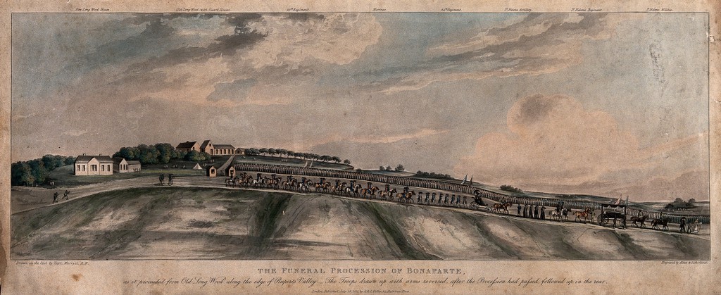 Funeral procession of Napoleon Bonaparte in 1821. Coloured aquatint by Alken and Sutherland after a drawing by Captain Frederick Marryat, 1821.
