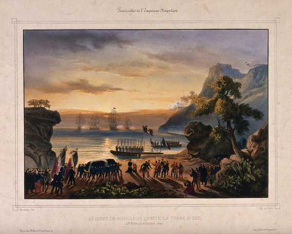 Transfer of the body of Napoleon Bonaparte from St. Helena in 1840. Coloured lithograph by J.A. Monthelier after P.F. Lehnert.