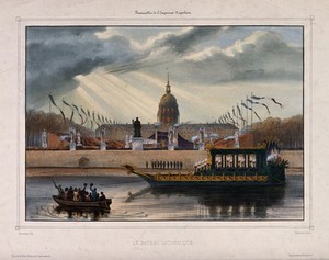 view The boat carrying the catafalque of Napoleon Bonaparte. Coloured lithograph by P. Dmouza after P.F. Lehnert.