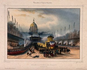 view The funeral cortege for Napoleon Bonaparte arrives at the Domes des Invalides in Paris in 1840. Coloured lithograph by A. Cuvillier after P. F. Lehnert.