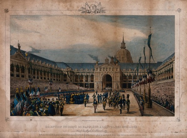 Reception of the body of Napoleon Bonaparte in the Hôtel des Invalides in Paris in 1840. Lithograph by V.J. Adam after J. Arnout.