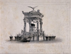 view The catafalque of Napoleon Bonaparte in Paris. Lithograph by J. Arnout.